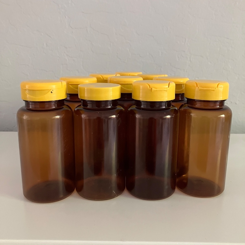Lot of 10 Amber Brown Bottles Screw On Tops Food Safe #1 Plastic
